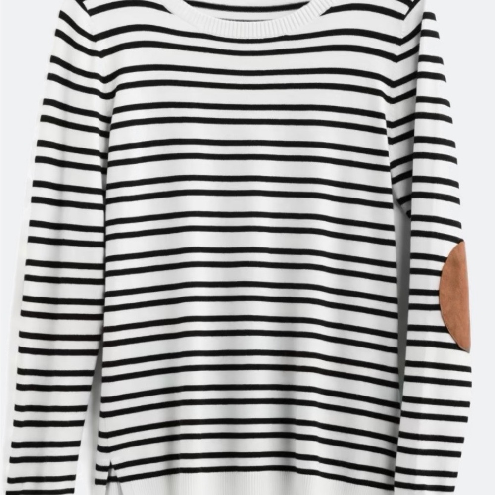 Market & Spruce Black and White Striped Sweatshirt with Brown Elbow Patch